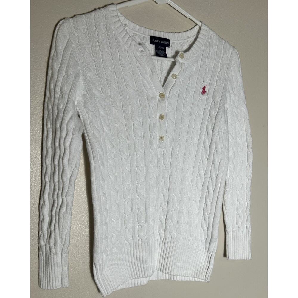 New with tag Girls RALPH LAUREN Polo White Pullover Button Cable Sweater L(12/14
